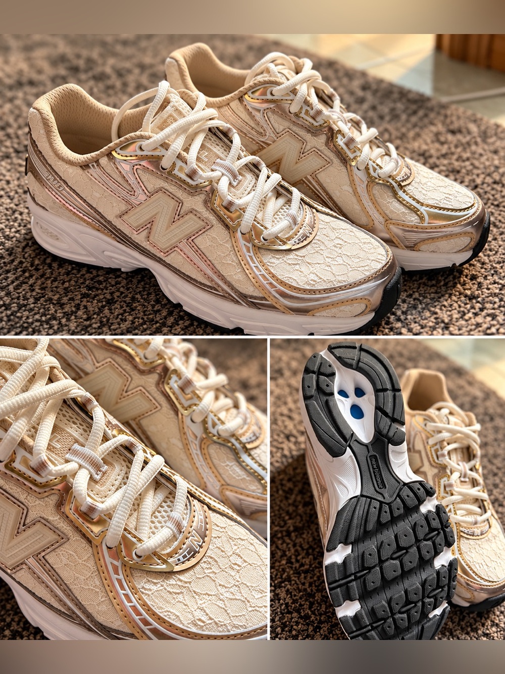 New Balance Women’s Cream and Gold Lace-Detail Sneakers